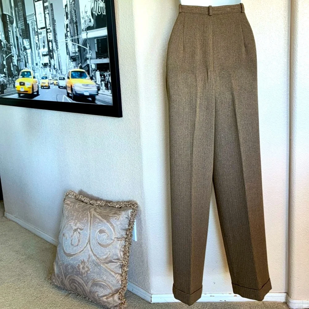 ANN TAYLOR trousers, gold/tan, herringbone tweed, pleats, pockets, cuffs. 12 EUC - Picture 4 of 17